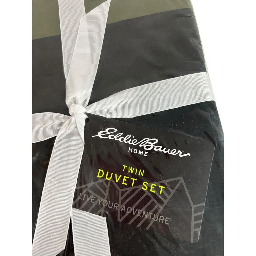 Eddie Bauer Twin Duvet Set Dark Olive Green Black Skyline Stripe